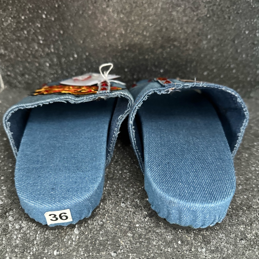 BNWT denim Jean slides Ozzy Osbourne Swarovski crystal Fire Opal size 6 shoe - Picture 5 of 6